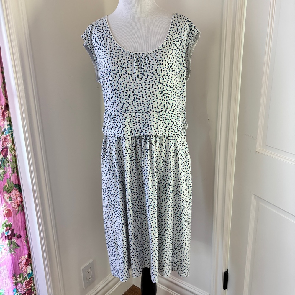 Boden Margot Jersey Knit Stretch Blue Polka Dot Cap Sleeve Dress